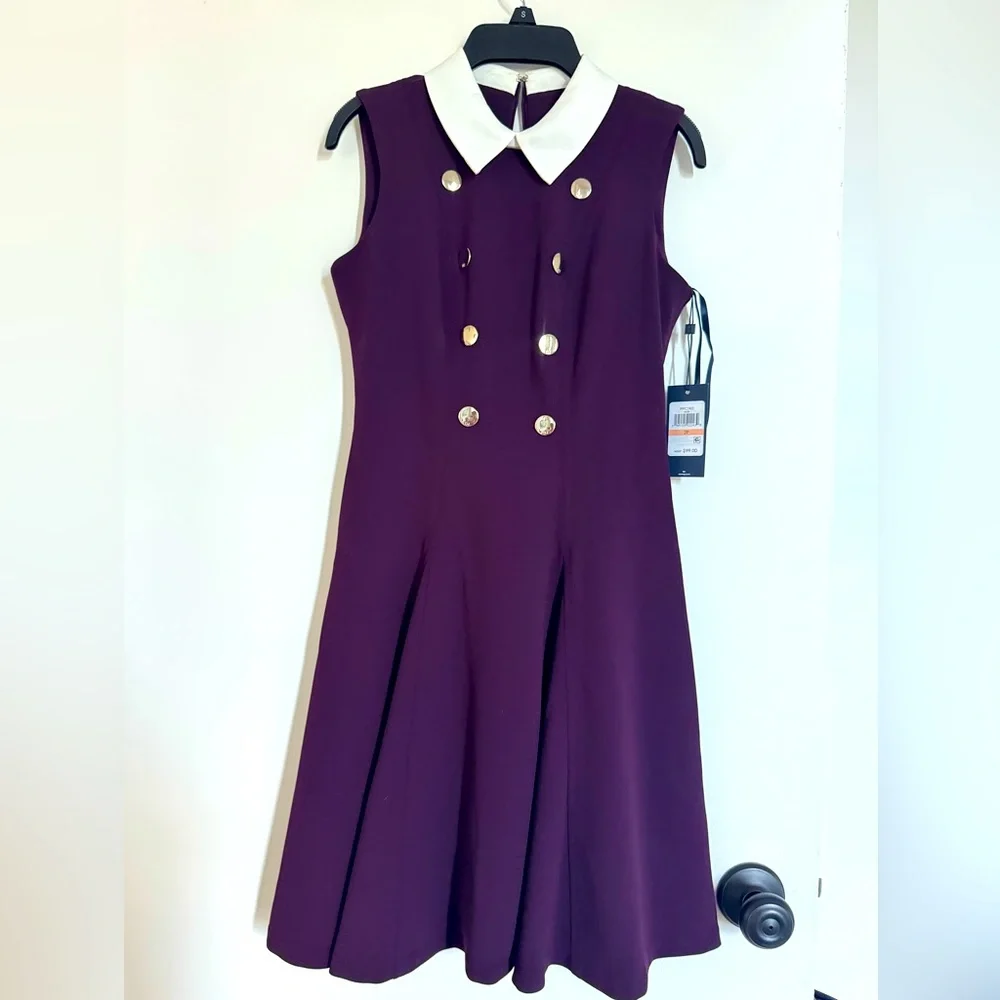 đź‘—Tommy Hilfiger Women's White Collar Fit and Flare .Purple Sleeveless Dress . - Picture 2 of 8
